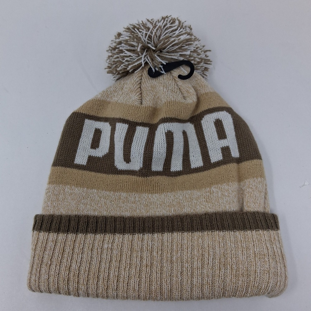 PUMA Striped Pom-Pom Beanie Brown Tan Cuffed Knit Hat PV5-0340 NEW